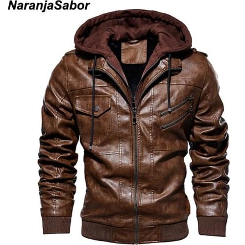 NaranjaSabor Leather Jacket Mens 2020 Winter Fleece Hoodie PU Coat Men Casual Thick Motorcycle Jacket Male Brand Clothing N596