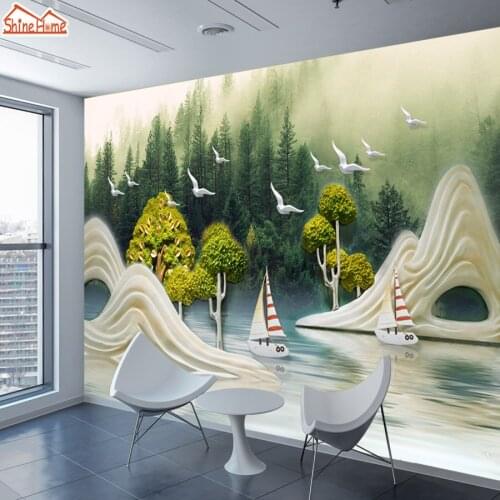 ShineHome-Embossed Wallpaper Nature Painting Mountain Bird Boat Wall Murals Rolls Paper Wallpapers for 3 d Kids Living Room Art