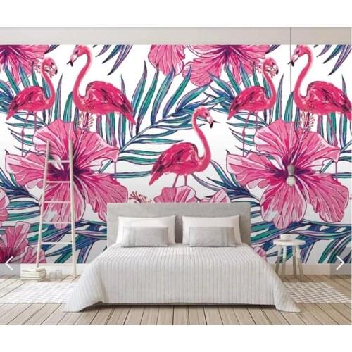 Red Flamingo Flower Wall Papers Mural for Bedroom Tropical Floral Wallpaper Hand Painted Papiers Peint 3d Custom Photo Murals