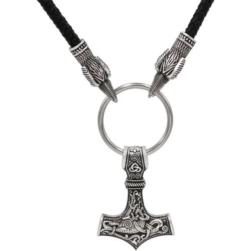 Norse Viking wolf head Cord with thor hammer MJOLNIR pendant necklace With Viking Gift Bag