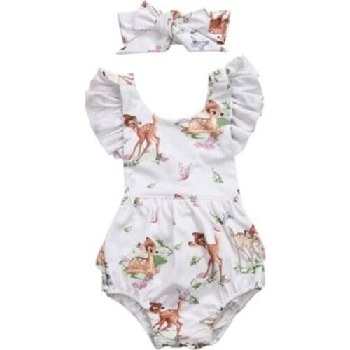 Newborn Toddler Baby Girl Clothes Deer print Ruffles Romper Jumpsuit Headband Bodysuits 2pcs Outfits Childrens Clothing Summer