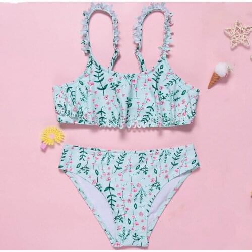 7-14 Years Girls' Swimsuits Two Piece 2021 New Large Girls' Swimwear Bikini Green Leaves Swimsuit Beachwear Large Girls TB077
