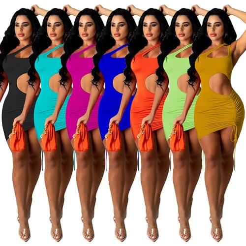 European and American sexy womens summer solid color hanging shoulder strapless drawstring pleated dress womens nightclub