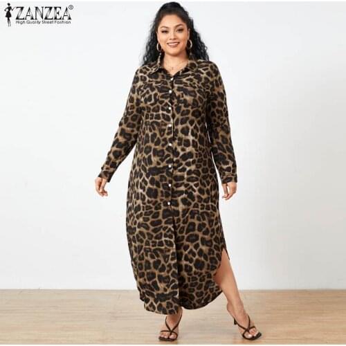 Womens Autumn Fashion Shirt Dress Casual Vintage Leopard Dresses Female Lapel Long Vestidos ZANZEA Party Holiday Longue Robe FZH