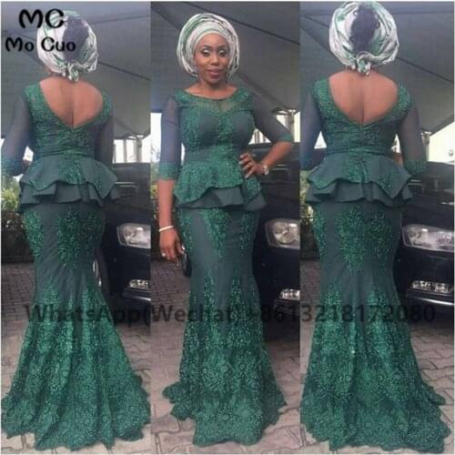 African Teal Mermaid Prom Evening Dresses Long Sleeves Appliques Lace V-Back Womens Evening Gown Custom Made