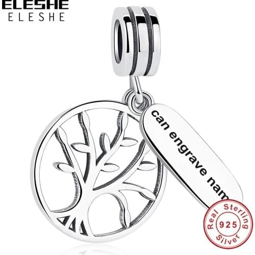 ELESHE Authentic 925 Sterling Silver Family Tree Dangle Charms Custom Engrave Name Beads Fit Original Bracelets DIY Jewelry