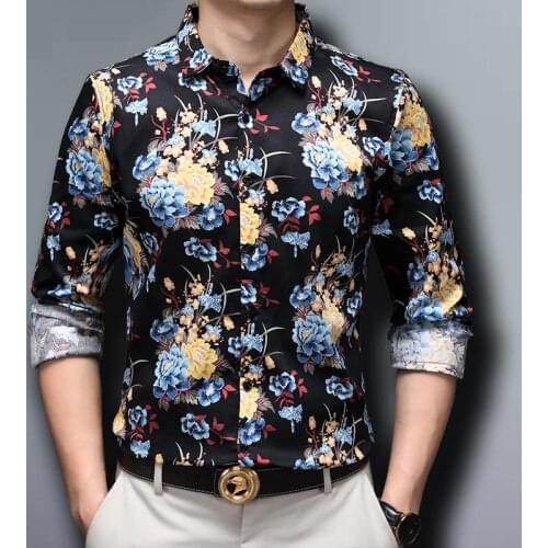 100% Cotton Mens Shirts Flowers Clothes Big Size Long Sleeve Fashionable Man Big Size Blouses New 2020 Autumn Casual Club Wear