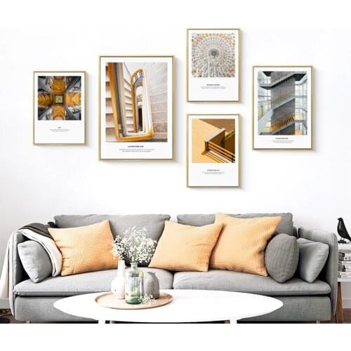 Nordic yellow black and white abstract building Wall Art Canvas Poster and Print Canvas for Living Room Morden Creative Decor