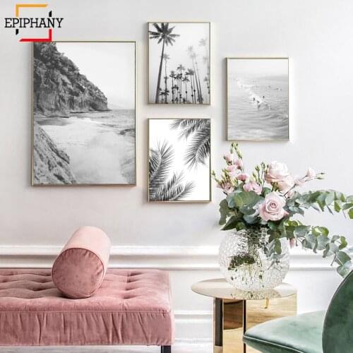 Modern Painting Pictures Beach Art Print Palm Leaf Canvas Paintings Black and White Seascape Poster Wall Picture for Living Room