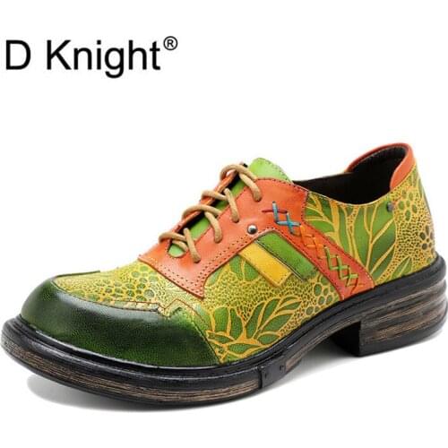 Spring Genuine Leather Oxford Shoes For Woman Retro Contrast Print Lace-Up Casual Lady Brogue Round Toe Chunky Flat Heel Loafers