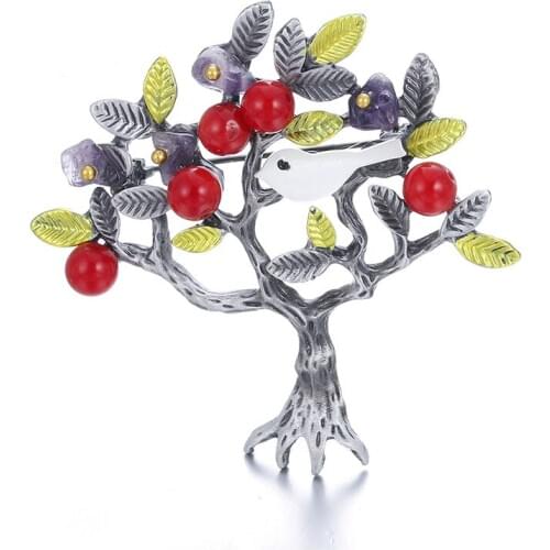 Vintage Red Beads Broches Metal Antique Silver Plated Leaves Brooches Pin Shell Bird Brooch for Women Dress Jewelry Party Gift