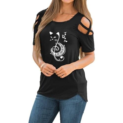 Black Cat Print Music Funny Kawaii Women Tshirt Cotton Casual t Shirt For Lady Girl perforated shoulder hollow lace up T-shirt