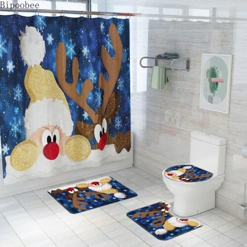 Santa Claus Elk Christmas Shower Curtain Waterproof Fabric Bathroom Curtains Bath Mat Lid Toilet Rug Set Holiday Decoration