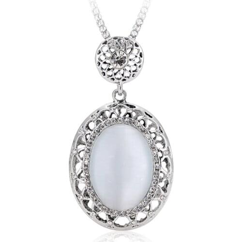 Antique Silver Plated Oval Shape Cat Eye Stone Pendant Link Chain Necklace For Women Jewelry