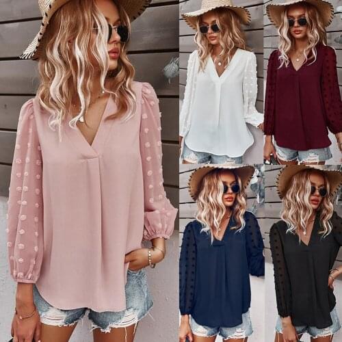 Womens Chiffon Tunic V-neck Loose Blouse with Elastic Cuff Long Sleeve Top TT@88
