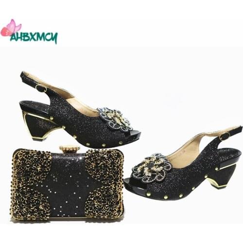 High Quality New Design Black Color Nigerian Women Shoes and Bag to Match Comfortable Heels Mature Ladies Sandals for Paraty