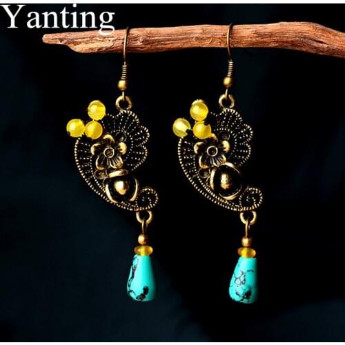 Yanting noble palace earrings for women ancient copper metal flower long earrings ethnic brincos pendientes Christmas gift