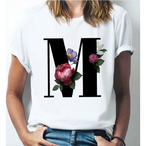 ZOGANKIN 26 Letter Flower Women T-shirts Harajuku Kawaii Graphic Printed T Shirt Fashion O-Neck Female Clothes Girls Tops Tees