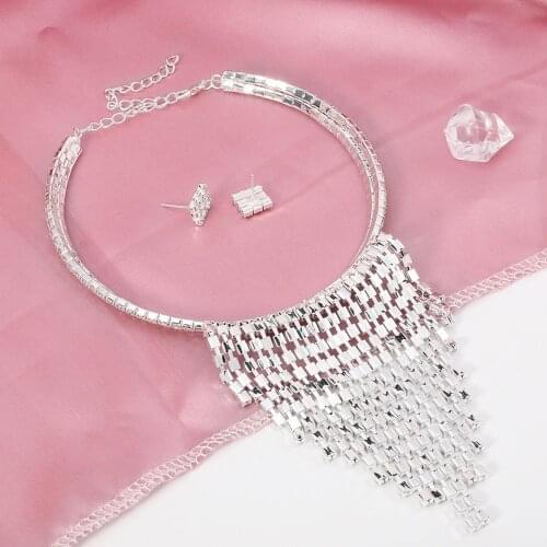 Women Stylish Rhinestone Necklace Earrings Bridal Wedding Party Banquet Jewelry Set