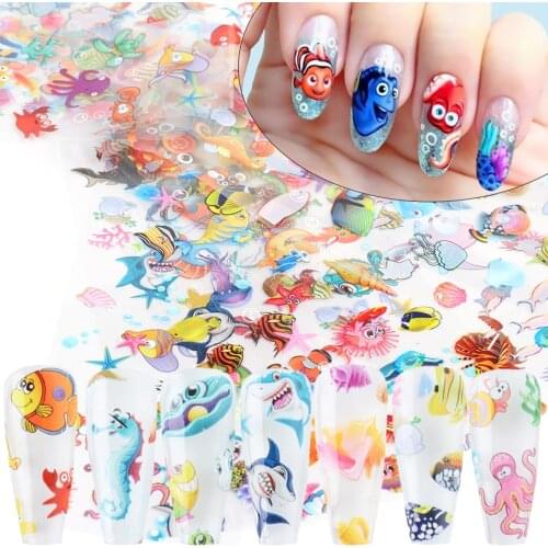 10pcs Cartoon Ocean Fish Nail Foil Starfish Shells Animal Shark Cute Designs Wrap Decals Nail Art Manicure Stickers NLSW7105