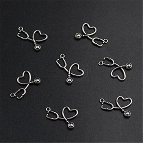 15pcs Silver Plated Heart Type Stethoscope Charm Alloy Pendant Fashion Bracelet Earrings DIY Metal Jewelry Making 21*17mm A1307