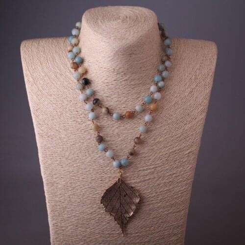 Fashion Amazonite Stones Rosary Chain leaf PendantNecklace Handmade Women Natural Stone Necklace