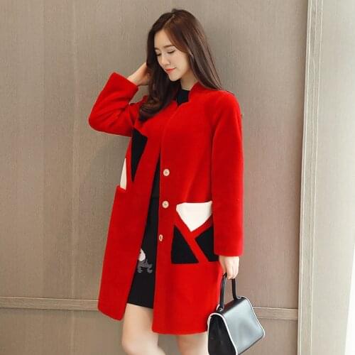 Sheep Sheared Coat Elegant Red Winter Women Faux Fur Jacket Coats Female Sheepskin Outerwear Fashion Button Mujer Parka PJ345