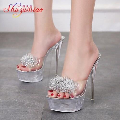 Slope sandals High Quality rystal Transparent Diamond Wedges Sandals High heels 8.5cm Slope Sandals Female Summer 2018 Sexy Wome