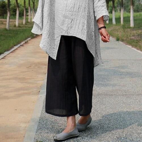 Spring and summer cotton linen womens new loose all-match retro womens wide-leg trousers