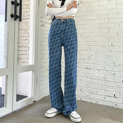 New hgih waist blue womens pants high quality drape jacquard wide-legged denim female pants fashion washing woman trousers