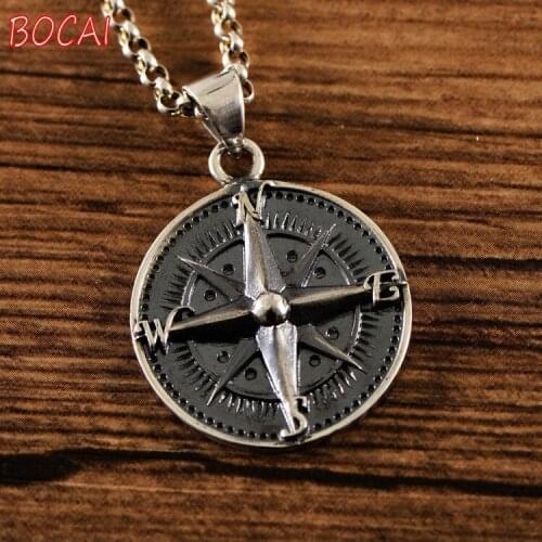 Real S925 Silver Retro Distressed Round Compass Pendant Exquisite Fashion Mens Pendant