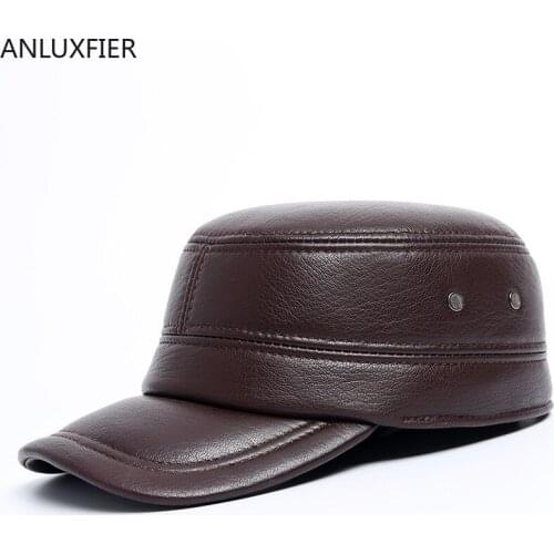 Genuine Leather Hat Mens Autumn Winter Warm Earmuffs Cap Middle Age Male Sheepskin Flat Top Casual Outdoor Fashion Caps H6998