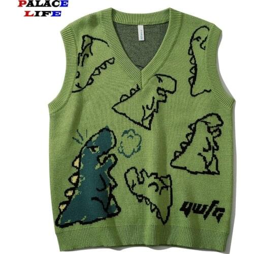 Streetwear Sweater Vest Men Harajuku Fashion Knitted Dinosaur Cartoon Pullover V-neck Oversize Casual Couple Male Sweaters 2021
