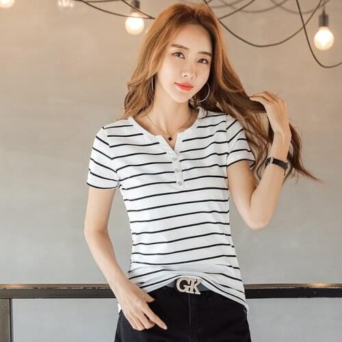 Women T-Shirt Cotton Short Sleeve Lady T Shirt Summer All-match Striped V-Neck Female T Shirts White Plus Size Fashion Top Tee