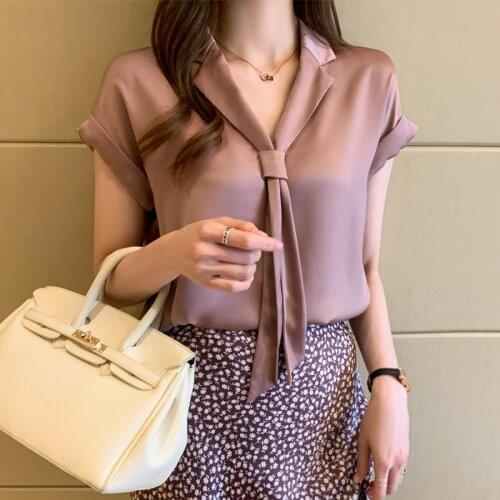 2021 Summer Short Sleeve Chiffon Shirt Women V-neck Tie Solid Loose White Blouses And Shirts Korean Plus Size Women Tops 13926