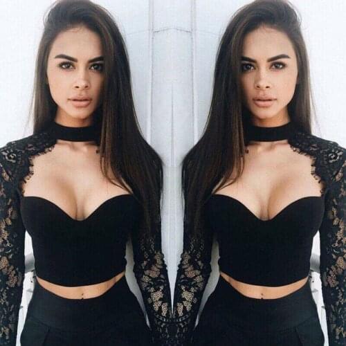 Womens Shirts Summer Sexy Elegant Lace Crochet Crop Tops Long Sleeve Hollow Out Lace Patchwork Tops 2020 New Trend