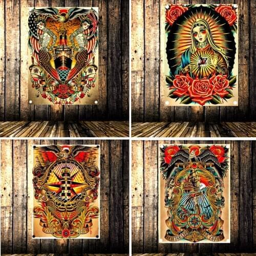 Retro Tattoo Poster Banner Flag Tapestry Wall Stickers Canvas Painting Wall Hanging Cloth Art Bar Cafe Barber Shop Home Decor B1