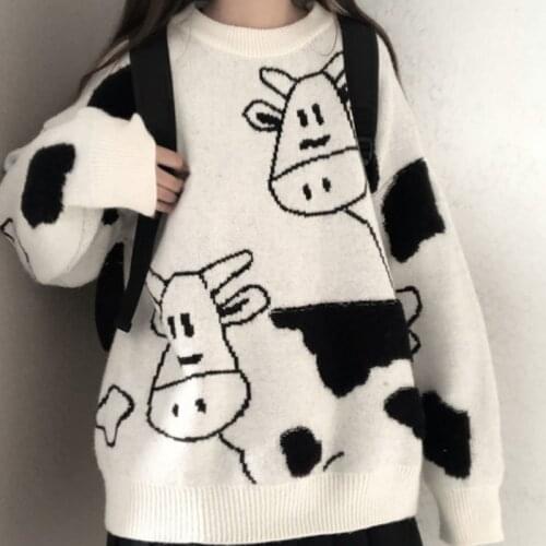 Oversized Sweater Women Vintage Lazy Cow Pullover Harajuku Japanese Kawaii Cute Chic Ulzzang Autumn Winter Warm Sweaters Tops