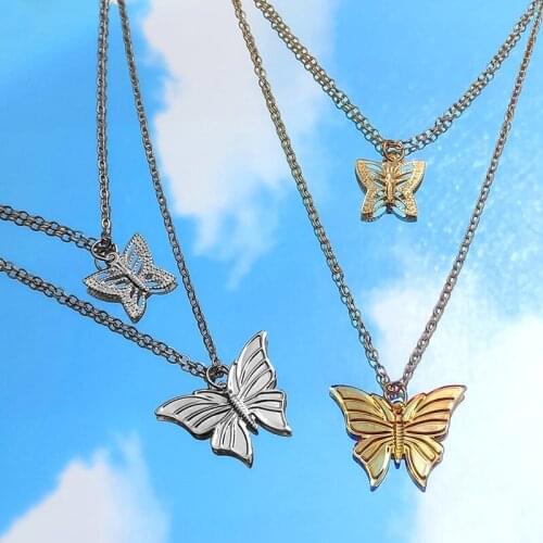 Flatfoosie Fashion Hollow Butterfly Pendant Necklace for Women Multi-layer Gold Silver Color Necklace Simple Design Jewelry Gift