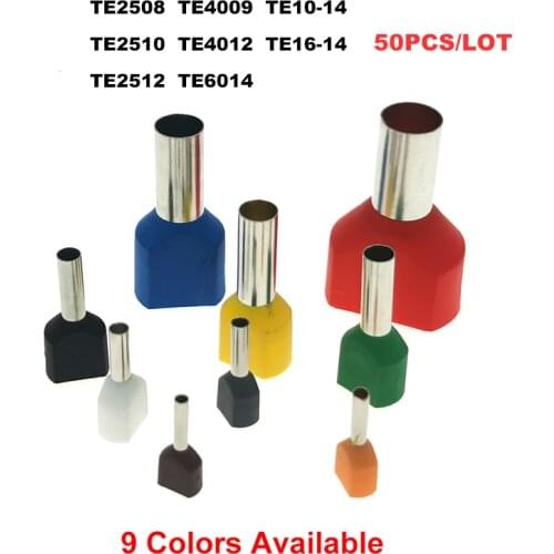 50Pcs Copper Crimp Termina TE2508~16-14 Electric Double Line Terminal Dual Wire Tube Insutated Cord End Cable Ferrules 2.5~16mm²