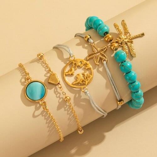 Aprilwell 5 PCs Bohemia Charm Bracelets Sets For Women Bead Chain Y2k Blue Turquoise Dragonfly 2021 Jewelry Gift E Girl Friend