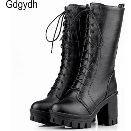 Gdgydh 2021 Hot Sale Spring Autumn Lacing Mid Calf Boots Women Fashion White Square Heels Woman Mortorcycle Boot Plus Size 34-43