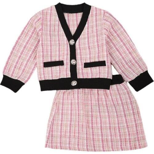 2Pcs Newborn Baby Outfits, Elegant Plaid V-Neck Long-Sleeves Cardigan + High-Waist Skirt for Toddlers Girls OL