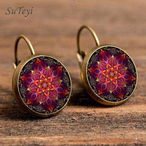 SUTEYI Charm Dome Crystal Pendant Earrings Handmade Art Mandala Flower Picture Symbol Zen Buddhism Earrings For Women Jewellery