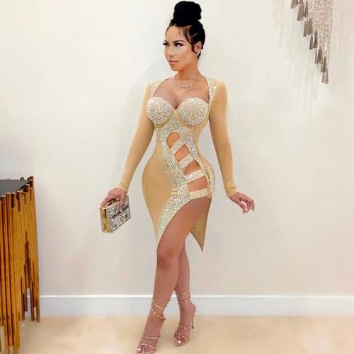 Luxury Rhinestone Sparkly Birthday Dresses for Women Elegant Club Wear High Split Party Dress Night Celebrity Sexy Bodycon Dress