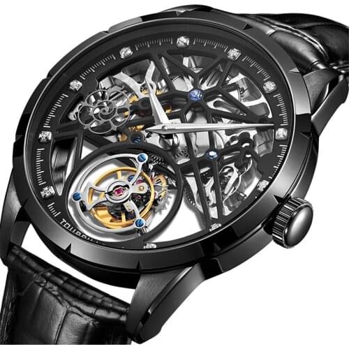 Luxury Full Skeleton Tourbillon Watch Mens Sapphire Diamond Stainless Steel Clock Men Mechanical Luminous Leather Male Watches