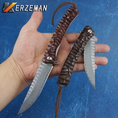Kerzeman Damascus Steel Folding Knife Tactical Camping VG10 Blade Survival Outdoor EDC Tools Utility Pocket Knives Wood Handle