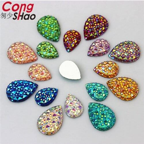 Cong Shao 100PCS 10*14/13*18mm AB Color Drop Stone And Crystals Flatback Resin Rhinestone Trim Wedding Dress Button Crafts YB31