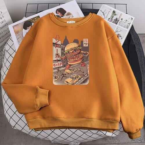 Ukiyo E Style Burgerzilla Prints Hooded Female Fashion Fit Hooded Vintage Big Size Clothes Korean fur-liner Woman Sweatshirts