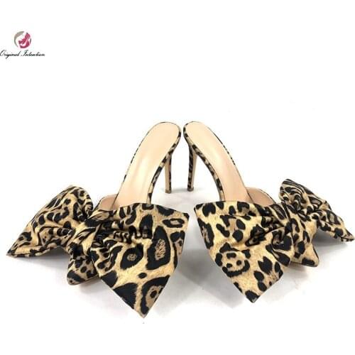 Leopard Butterfly Knot High Heels Women Shoes Sandals Original Intention Summer Females Slip on Stiletto Heels Large Size 34-45